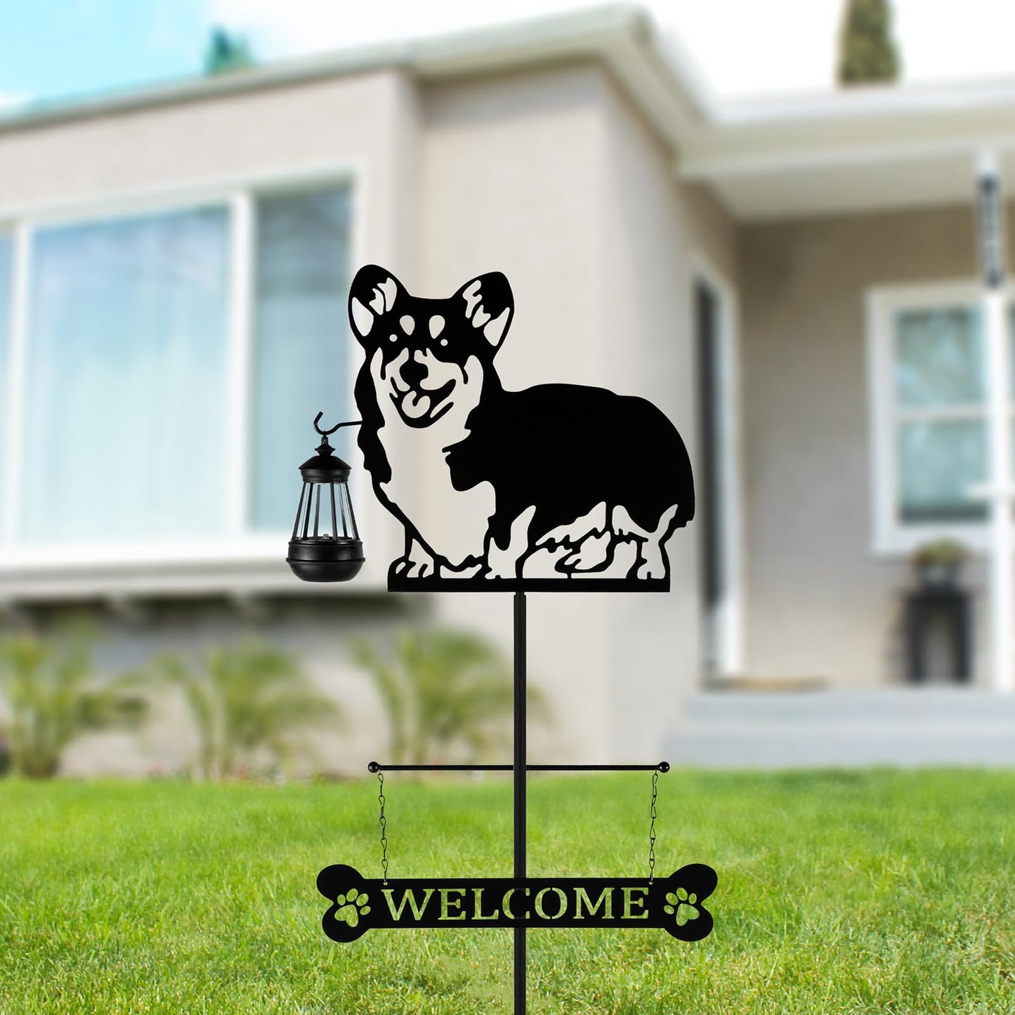 ANGELLOONG 51" Solar Corgi Silhouette Dog Welcome Sign with Lantern, Outdoor Decorative Corgi Gifts for Garden Yard Lawn Patio Pathway