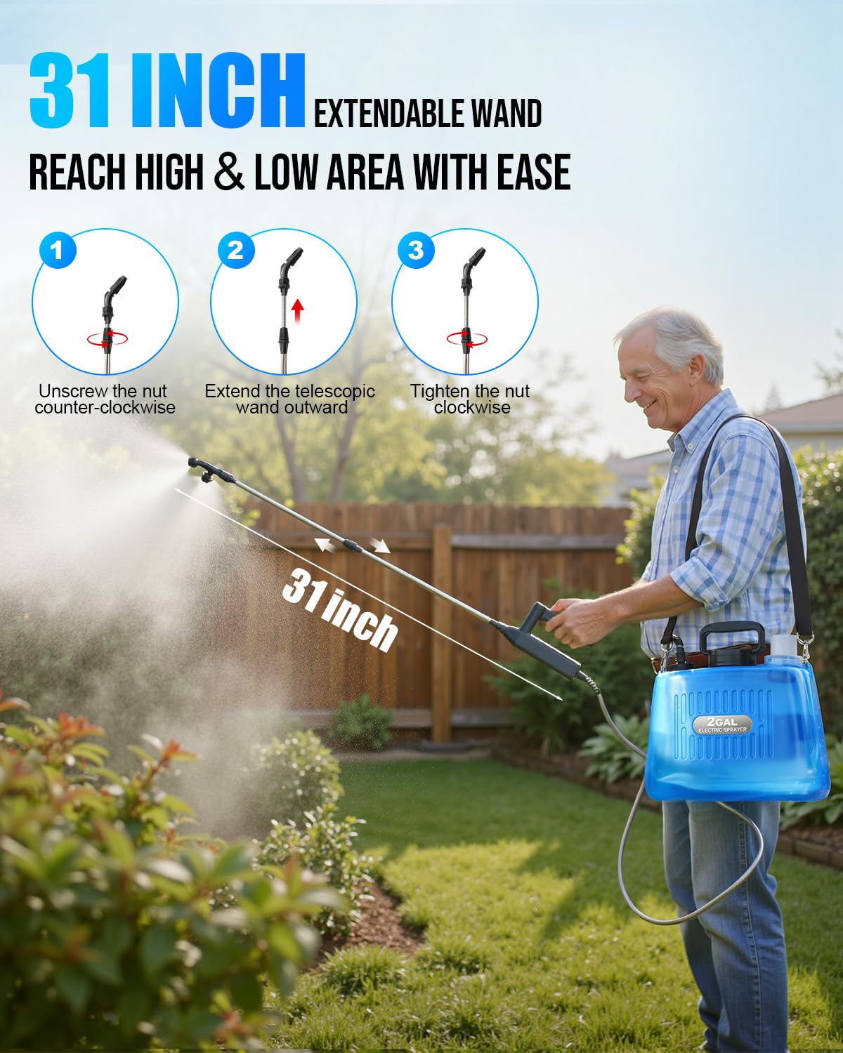 Sylsmart Battery Powered Sprayer 2 Gallon, Electric Weed Sprayer with 3 Adjustable Pressure Levels, 4 Nozzles & Extendable Wand, Rechargeable Garden Sprayer for Yard, Lawn, Plants & Fertilizer