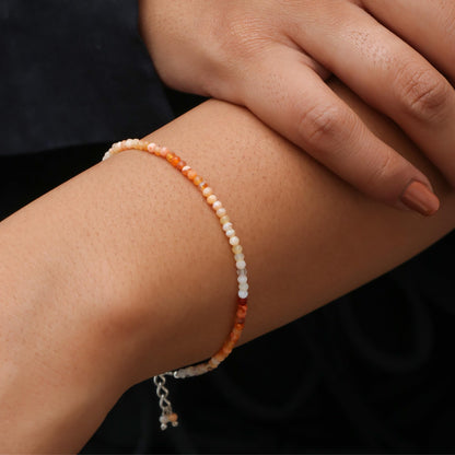 Gempires Handmade Sunstone Gemstone Beaded Bracelet for Women | 2.4–2.5 mm Faceted Natural Stone | Adjustable 7+1 Inch Silver Plated Chain | Dainty Minimalist Stacking Jewelry | Orange Sparkle Stone Gift