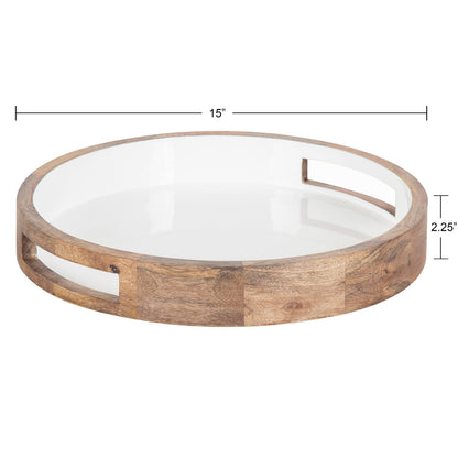 Kate and Laurel Ehrens Boho Wood Tray, 15 Inch Diameter, Natural and White, Round Accent Tray for Transitional Decor