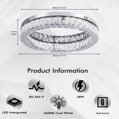 Finktonglan Crystal LED Flush Mount Ceiling Light, 17.7" Modern Round Crystal Ceiling Light, 48W 6000K Cool White, K9 Crystal & Stainless Steel, Low Profile, Non-Dimmable (No Remote)