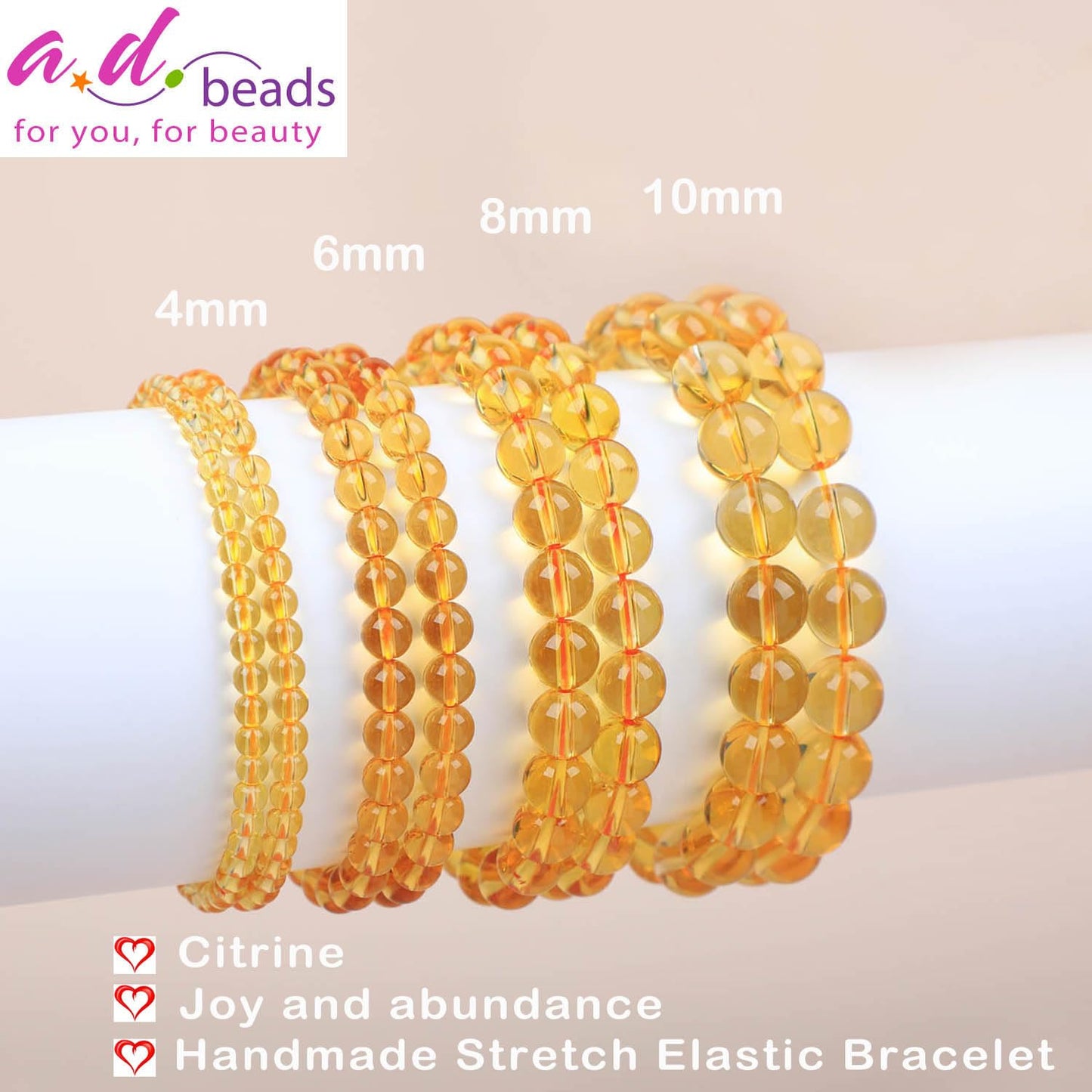 AD Beads Handmade Gemstone Stretch Elastic Bracelet Crystal Healing Reiki Nature's Beauty and Spiritual Essence Unisex (4mm, Citrine (Joy and Abundance))