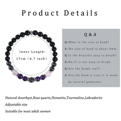 Gracayfr Empath Protection Bracelet Black Tourmaline Hematite Amethyst Rose Quartz Labradorite Beaded Transformation Emotional Healing Crystal Items Jewelry Halloween Christmas Day Gifts For Women Five