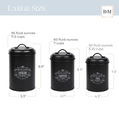 Baie Maison Large Black Kitchen Canisters Set of 3 - Farmhouse Canister Sets for Kitchen Counter - Coffee Tea Sugar Container Set - Rustic Kitchen Canisters for Countertop - Metal Kitchen Decor Jars
