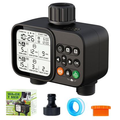 Sprinkler Timer for Garden Hose, 2 Zone Water Timer with with Auto Rain Delay, IP54 Waterproof 3.3“ Large LCD Drip Irrigation System Timers for Plant, Yard, Lawns, Outdoor