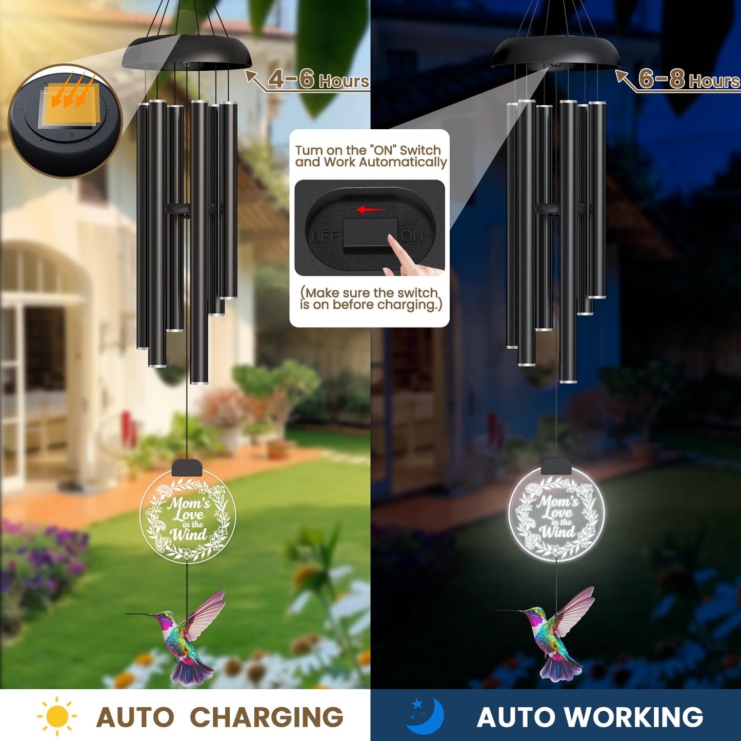 37" Solar Wind Chimes for Outside, Gifts Wind Chimes with Solar Powered Acrylic Lights & Hand-Painted Hummingbird for Mom, Grandma, Outdoor Wind Chimes for Garden, Patio, Yard
