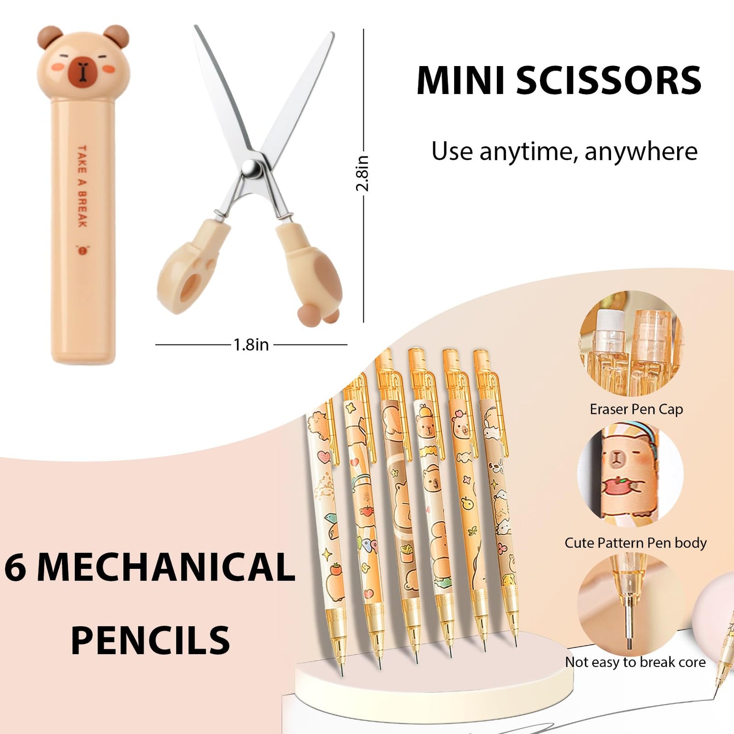 Capybara Stationery Set,Cute Capybara School Supplies,Kawaii Stationery Birthday Gifts,Includes Ballpoint Pens,Eraser, Mechanical Pencils,Correction Tape,Gel Pens,Scissors,for Office School Supplies