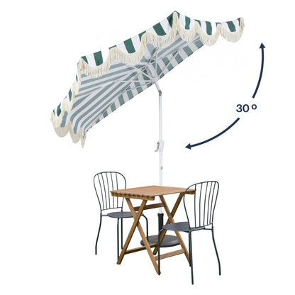 JONATHAN Y Half Umbrella UMB1201L Beverly 9 ft. Designer Classic Scalloped Fringe Market Patio with Crank, Tilt Button and UV Protection in Green/White, White Pole