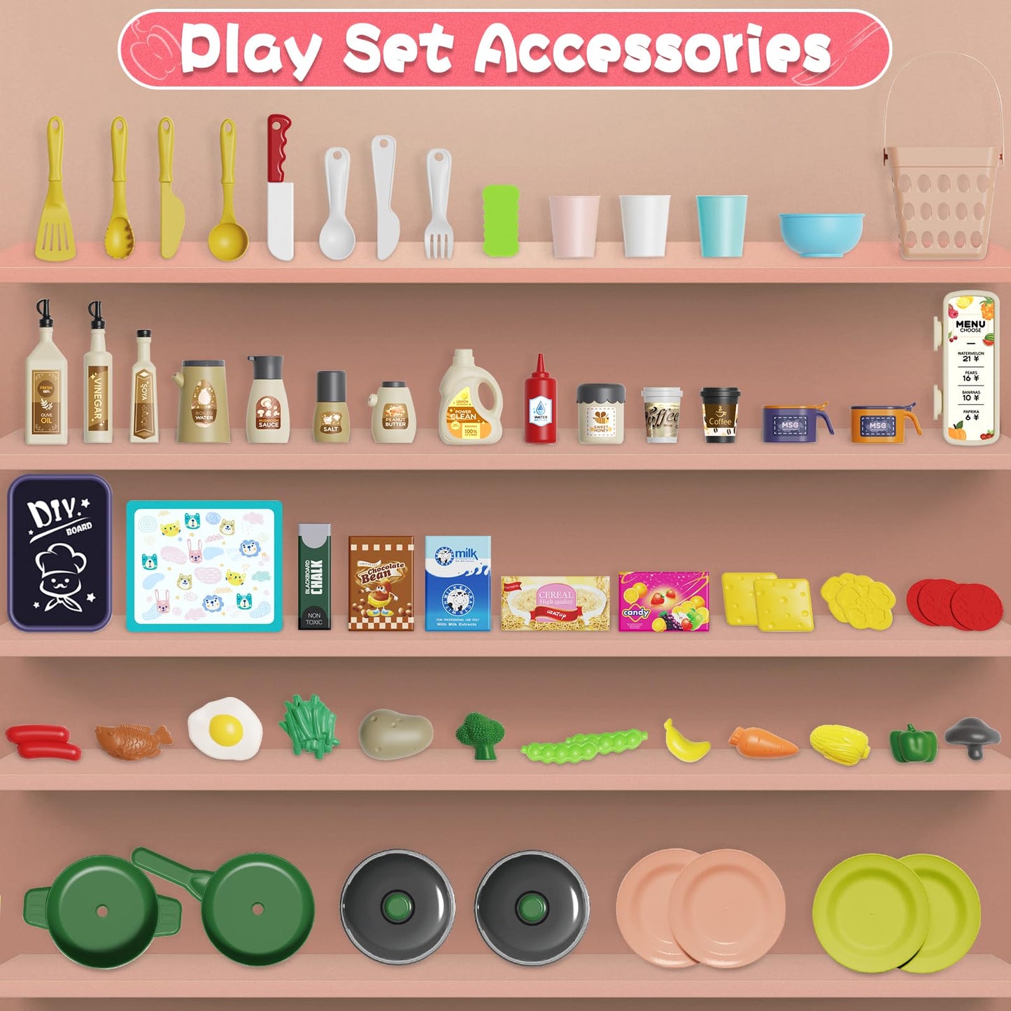 Hitish Kids Kitchen Playset Set, 63PCS Pretend Play Kitchen Toys for Toddlers, Cooking Stove with Steam Sound Light, Play Sink with Manual Faucet, Play Food Accessories Gift for Girls, 33’’H Red
