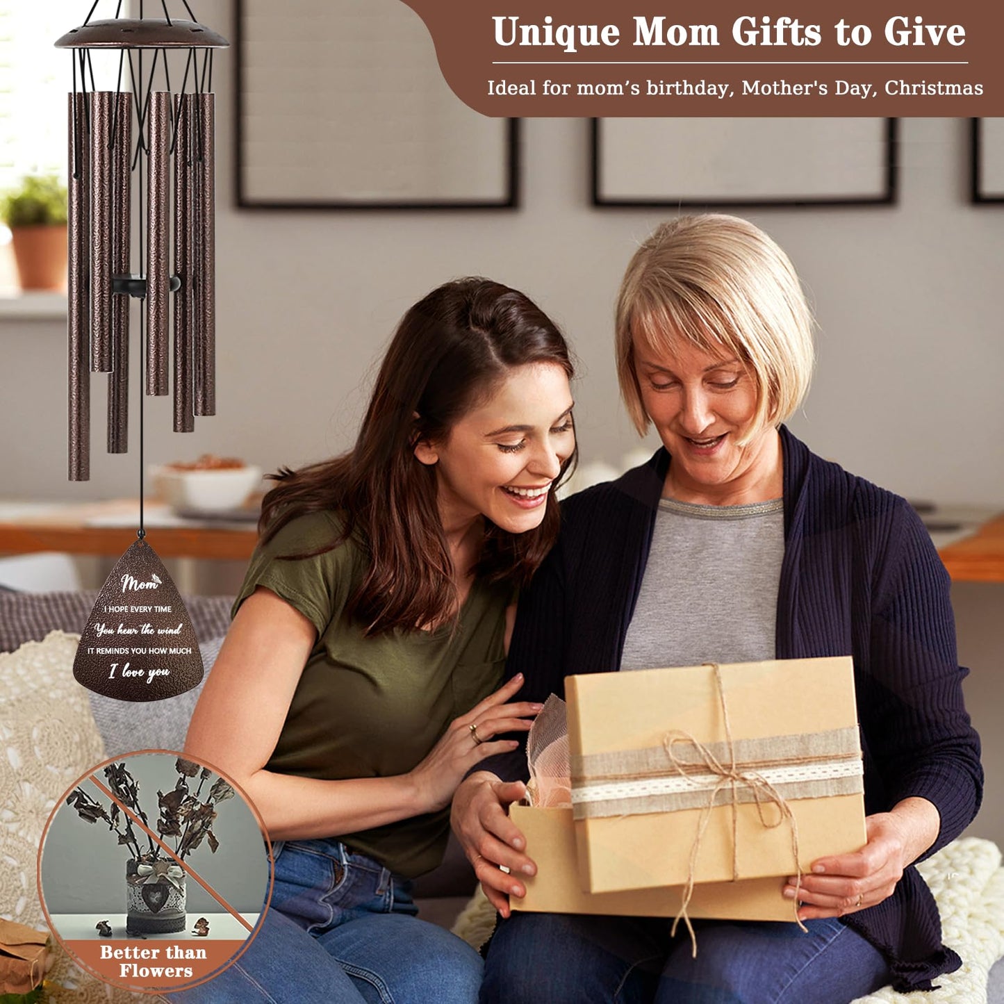Gifts for Mom from Daughter Son, 32" Bronze Wind Chimes, Best Mom Ever Gift for Mama Mother in Law