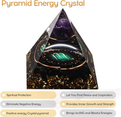 12 Zodiac Orgone Crystal Pyramid, Natural Amethyst with Obsidian,Healing Crystals Pyramid for Protection Chakra, Unique Constellation Pyramid for Positive Energy, Healing Money Health(Scorpio)