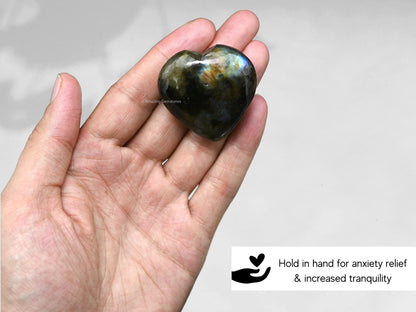 Amazing Gemstone Labradorite Crystal Heart Palm Stone - Pocket Massage Worry Stone for Natural Body Chakra Balancing, Reiki Healing and Crystal Grid