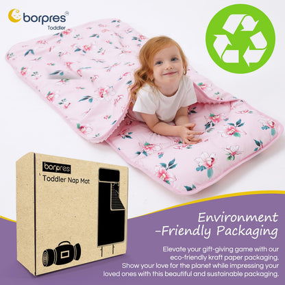Nap Mat with Pillow Blanket Set: Pink Floral Sleeping Mats for Toddler Kids - Thick Large Roll up Slumber Bag for Daycare Preschool Kindergarten Boys Girls