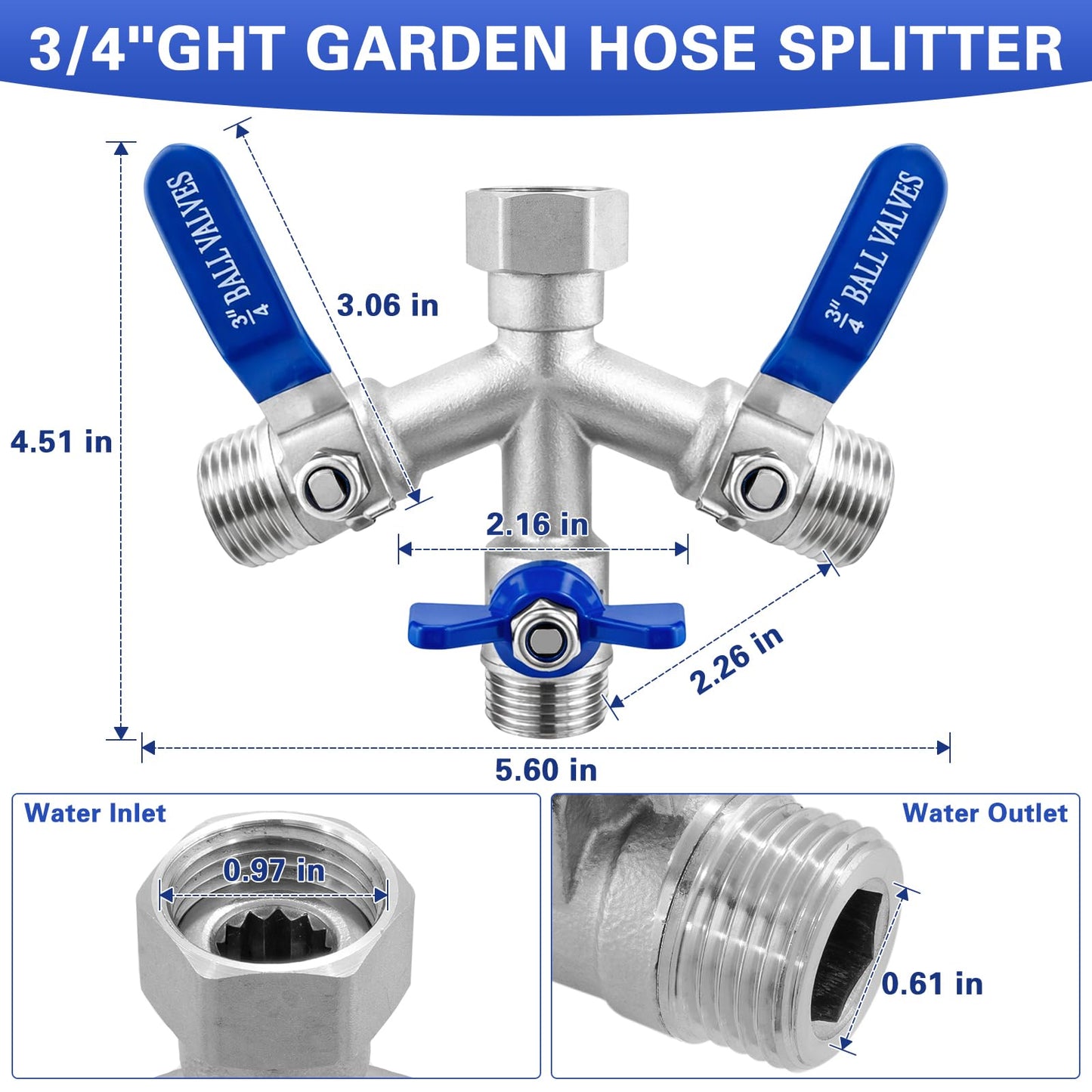 Garden Hose Splitter 3 Way, Heavy Duty 304 Stainless Steel Hose Splitter with Shut-off Valves, Full Flow Garden Water Hose Bib Spigot Splitter, 3/4'' GHT Thread Outdoor Faucet Splitter