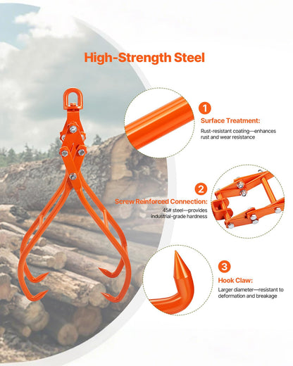 VEVOR Timber Claw Hook, 28 inch 4 Claw Log Grapple Logging Tongs, Swivel Steel Log Lifting Tongs 31" Max Opening, Eagle Claws with 2205LBS/1000kg Loading Capacity for Tractors, ATVs, Trucks, Forklifts