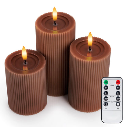 WYZworks Fluted Ribbed LED Pillar Candles, Brown, with Realistic Reflective Melted-Wax Effect – Flickering Flame, Remote, Dimmable, Flameless, Battery Operated, Home & Wedding Decor (Set of 3)