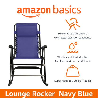 Amazon Basics Outdoor Portable Folding Rocking Chair with Headrest, Ergonomic Design, Weather-resistant Textilene Fabric for Porch, Blue