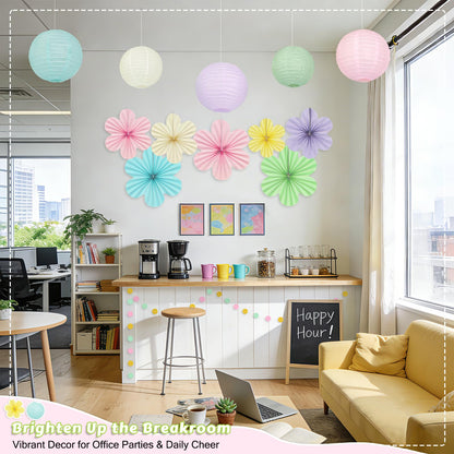 Spring Hanging Decorations - 20Pcs Pastel Party Decorations | Paper Lanterns & Flower Fans Set with Glitter Garland for Pastel Classroom Decor, Office, Baby Shower, Wedding & Easter Wall Decor