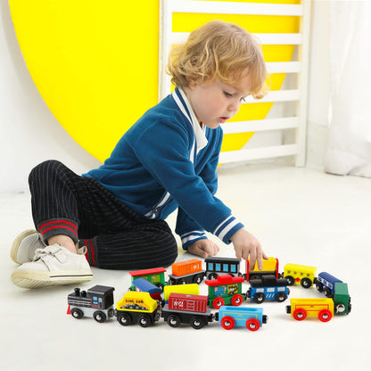 Wondertoys Wooden Train Set 16 PCS Train Toys Magnetic Set Includes Storage Bag - Wooden Track Accessories - Wooden Magnetic Car Set for Toddlers Kids Boys and Girls