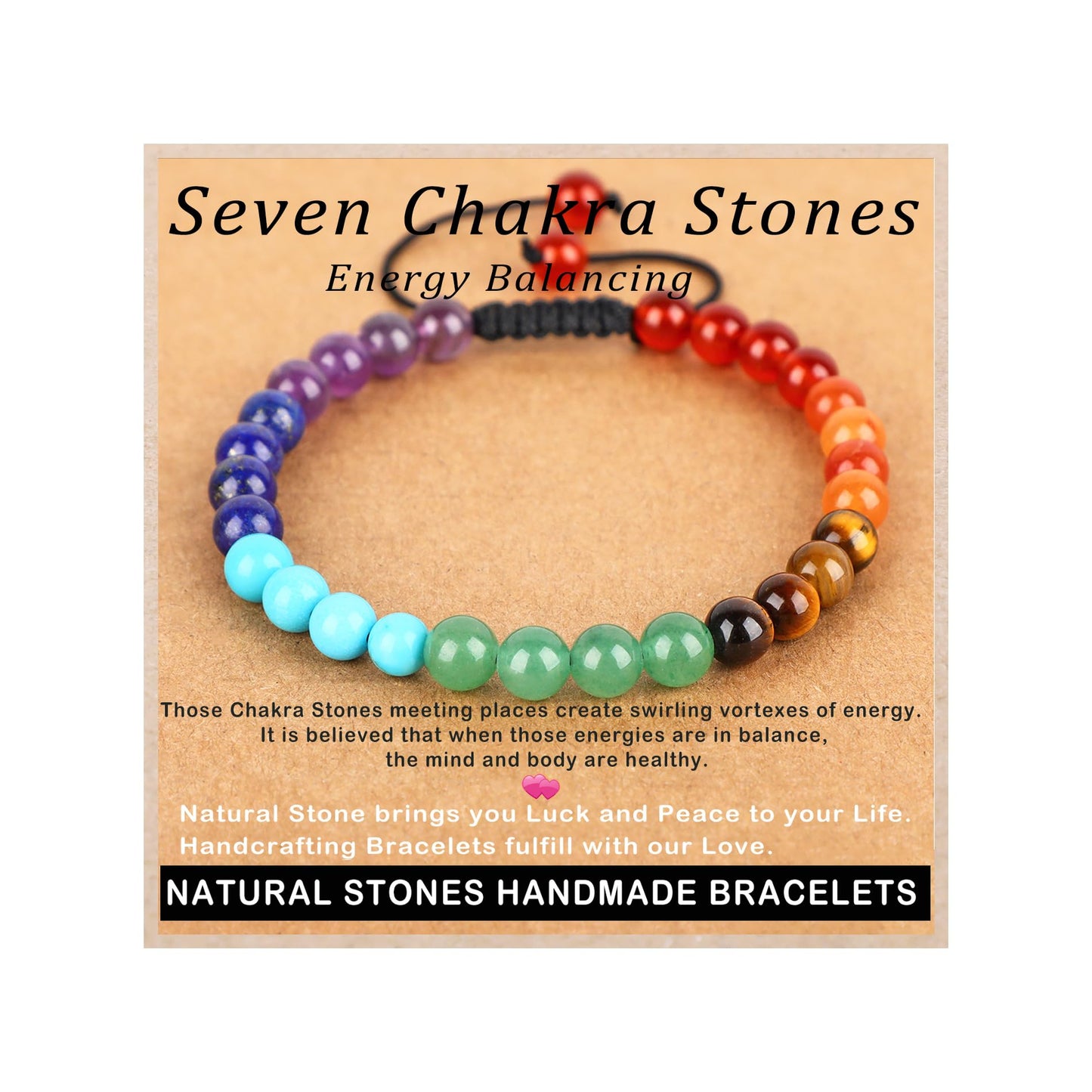 AD Beads 6mm Seven Chakra - Energy Balancing - Handmade Natural Stone Crystal Bracelet with Adjustable Macrame String - Yoga Healing Power Energy Gifts for Men and Women