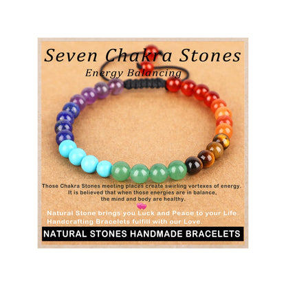 AD Beads 6mm Seven Chakra - Energy Balancing - Handmade Natural Stone Crystal Bracelet with Adjustable Macrame String - Yoga Healing Power Energy Gifts for Men and Women