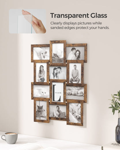 SONGMICS Collage Picture Frames, 4x6 for Wall Decor, Multi Family Photo for Gallery Decor, Hanging Display, Set of 12, Rustic Brown URPF026X01