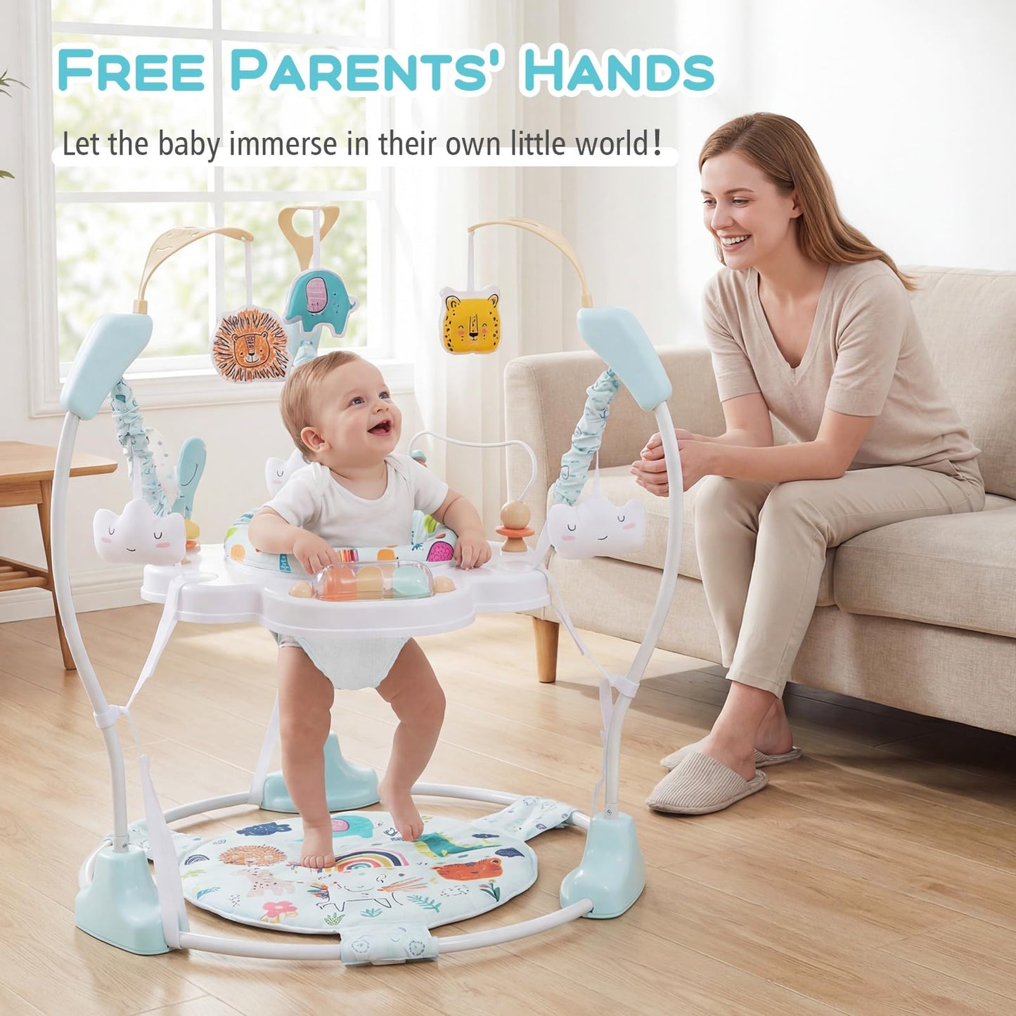 INFANS Baby Activity Center, 3 in 1 Play Center Jumpers and Bouncers with Music, Lights, Interactive Toys, 360°Rotating Seat, Adjustable Heights, Exersaucer Learning Toys for 6-12 Months (Light Blue)