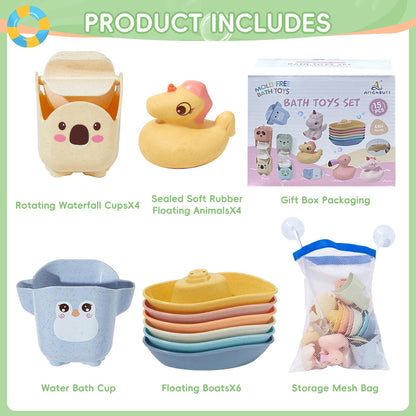 Mold Free Bath Toys, 15PCS | Safe Fun & Easy Clean Floating Boats & Rotating Waterfall Cups & Sealed with No Holes Floating Tub Toy and Mesh Bag for Babies 18+ Months | Bathtub Pool Water Toddler Toys