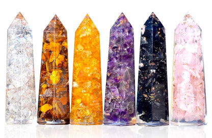 Healing Crystal Wand Set of 6 Orgonite – Includes 3” Amethyst Crystal, Tigers Eye, Rose Quartz, Black Tourmaline Stone, Citrine and Clear Quartz Orgone Crystal Plus Black Tourmaline Necklace