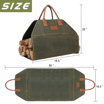GOOD GAIN Firewood Carrier Waxed Canvas with Handles, Wood Carrier for Firewood, 36x18.5 Inch Heavy Duty Firewood Storage Tote, Fireplace Log Carrier Indoor Bag, Wood Stove Accessories. Green