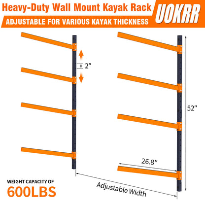 UOKRR Kayak Storage Rack, Wall Mount Kayak Racks for Indoor Outdoor Storage, Heavy Duty Adjustable Kayak Rack for Garage, Spacesaver (4 Kayaks, Wall Mount)