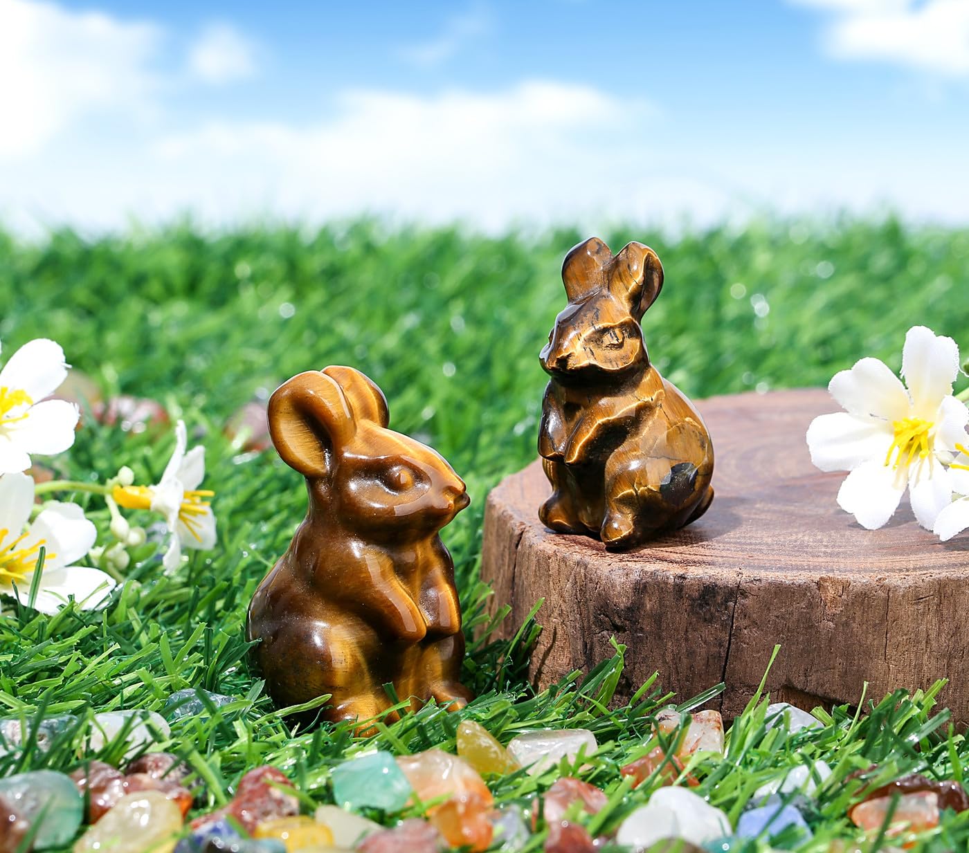 DUQGUHO Tiger Eye Bunny Decor Crystals Rabbit Statue Pocket Polished Natural Gemstone Crystals Figurines for Easter Decoration Office Room Desk Decor 1.5’’ Gifts for Women 1PC