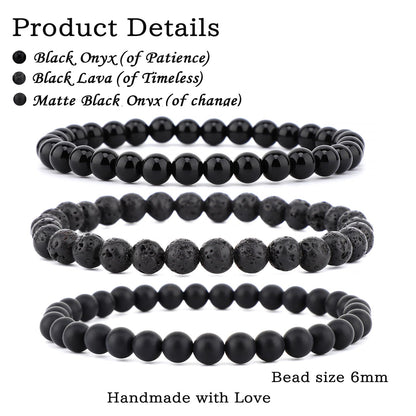 NCB 3-Piece 6mm Natural Crystal Gemstone Stretch Bracelets – ﻿Black Lava, Black Onyx, Matte Black Agate Handmade Reiki Energy Healing Jewelry for Meditation,Yoga, Unisex