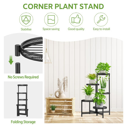 iDavosic.ly 5 Tier Large Plant Stand Indoor with 10-Inch Wide Drainage Tray, Tiered Corner Metal Outdoor Flower Display Holder Shelf, Folding Tall Rack for Patio Porch Balcony, Black Iron Carving