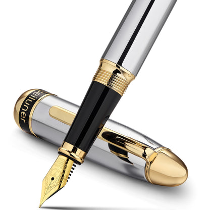 BEILUNER 315 Silver Chrome Fountain Pen,Stunning Luxury Pens with 24K Gold Accents, Gorgeous 24K Gilded Nib(Fine), Ink Converter,Fancy Pen Gift for Men&Women-Elegant, Office, Writing, Nice Design