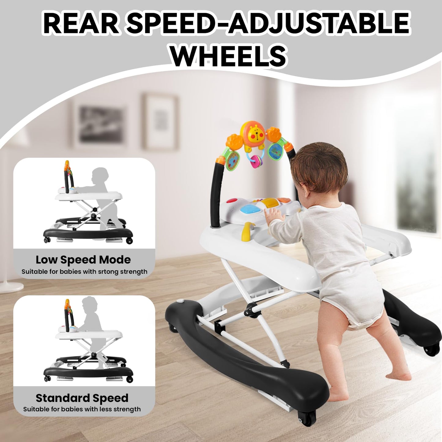 RefoereBabe Baby Walker, 5 in 1 Baby Walkers for Boys Girls 6-12 Months, Foldable Walkers for Babies with Bouncer & Feeding Tray, Music, Adjustable Heights, Activity Walker for Infant