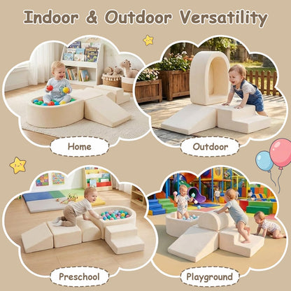 Tiita Foam Climbing Blocks with Small Ball Pit Playground for Baby, Climb and Crawl Playset 5-Piece - Indoor Soft Play Climber for Playtime Fun, Beige