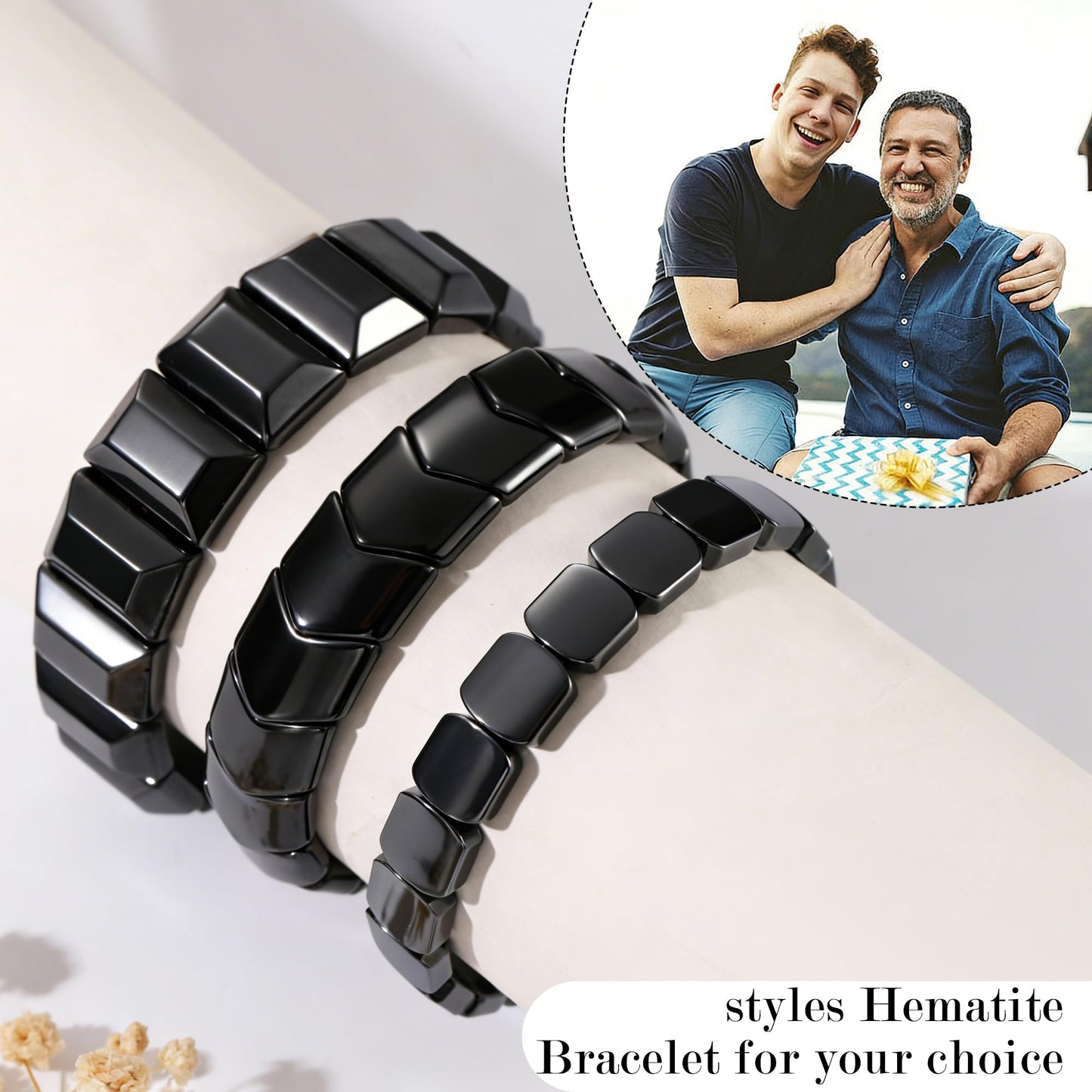 DONYUDE Square Hematite Bracelet Men Reignites Masculine Energy Strech Black Natural Hematite for Dad Husband Boyfriend Birthday Motivational Gift for Confidence Strength Crystal Jewelry