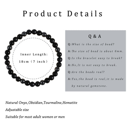 Gracayfr Black Tourmaline Bracelet Empath Protection Obsidian Onyx Triple Natural Stone Healing Crystals Spiritual Gemstone Stretch Bead Hematite