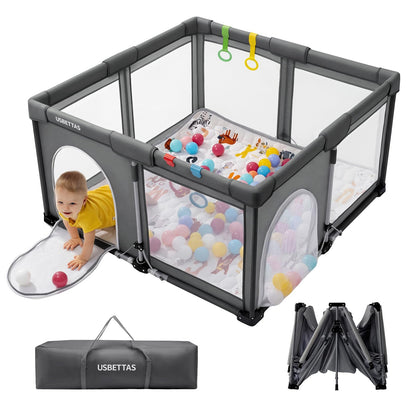 usbettas Foldable Baby Playpen, 1-Minute Setup, Lightweight Portable Playpen with Carry Bag, 50"x50" Indoor Outdoor Safty Play Yard for Babies & Toddlers, Dark Gray