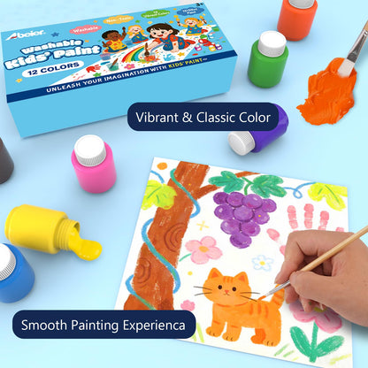 ABEIER Washable Kids Paint, Safe Non-Toxic Finger Paint, 12 Vibrant Colors(2 fl oz) with 3 Paint Brushes, Mess-Free Arts & Crafts Supplies for Toddlers & Grandkids, Ages 3, 4, 5
