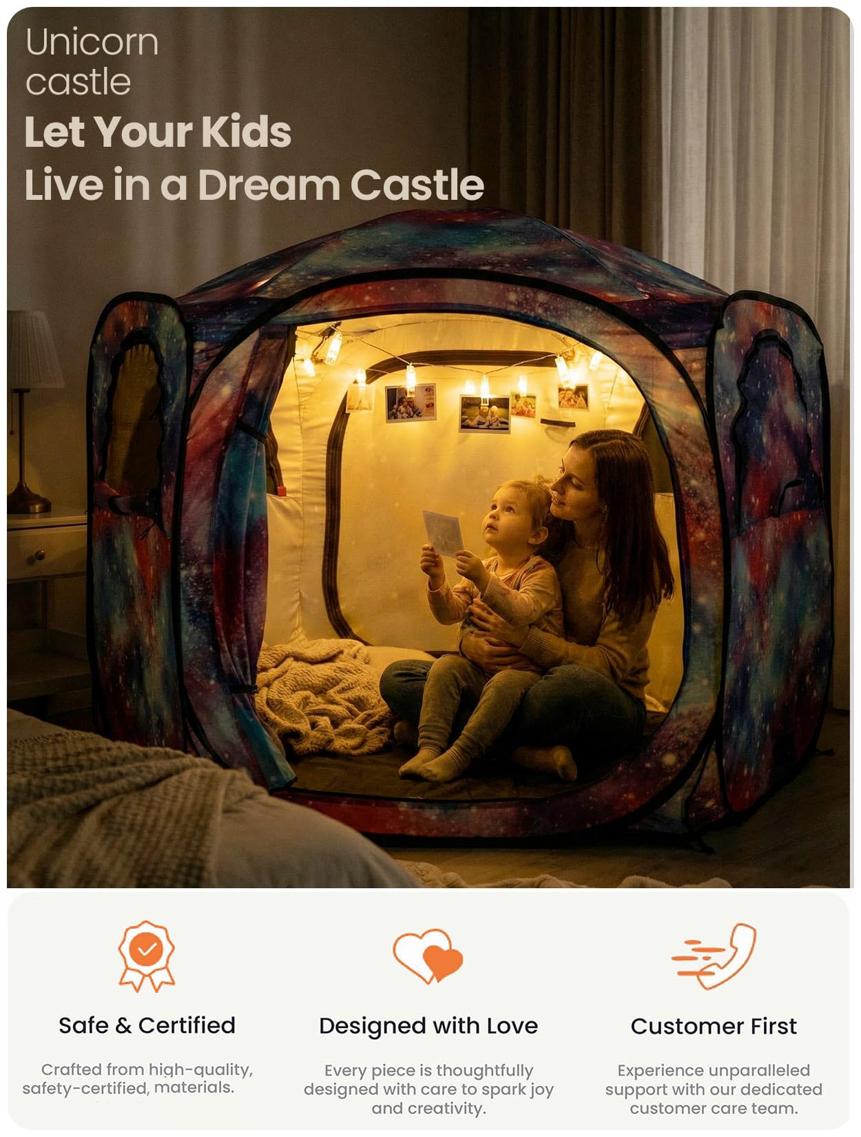 Porayhut Galaxy Pop Up Play Tent for Kids, 67" Hexagonal Privacy Sensory Tent with Removable Thick Mat & LED Photo Clip Lights, Light Blocking Indoor Outdoor Playhouse for Boys & Girls, Space Castle