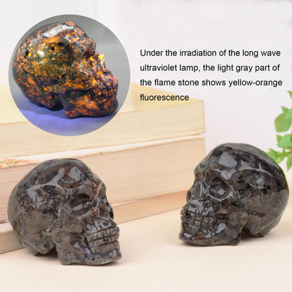 QLRSUXN 2 Inch Flame Yooperlite Stone Crystal Skulls Decor,Human Skull Sculpture Statues Healing Crystal Decor,Halloween Skull Figurines,Home Office Decoration Christmas Meditation Gifts for Men Women