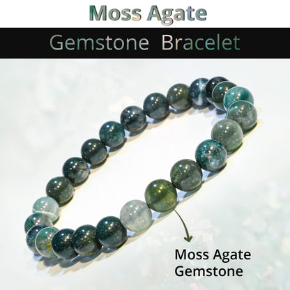ANAYA AGATE Moss Agate Bracelet, Healing Crystal Bracelet for Women and Men, 8mm Round Beaded Bracelet for Spiritual Healing, Protection, Positive Energy, Elastic Adjustable Size Gemstone Bead Bracelet
