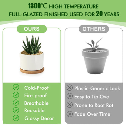 ZOUTOG Ceramic Succulent Pots,3.6 Inch Plant Pots,Succulent Planters with Drainage Hole & Bamboo Tray for Indoor Plants,White Small Flower Planters for Home,Office,Desk(6 Pack)
