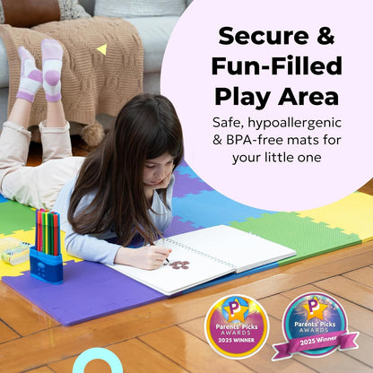 MioTetto Baby Playpen & Foam Play Mat Bundle (16 Tiles) – Large 50x50 Safety Play Yard with Breathable Mesh & Extra Thick EVA Interlocking Floor Mat | Purple, Canary, Emerald & Indigo