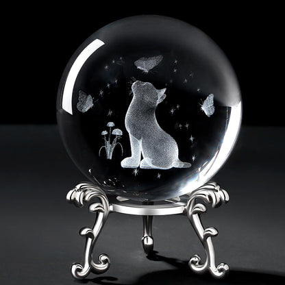 MAIBAOTA Cat Gifts for Cat Lovers Women 3D Crystal Cats Theme Stuff Figurines Money Attraction Decor Good Lucky Gifts 60mm Glass Laser Ball Paperweight with Stand Glass Sphere