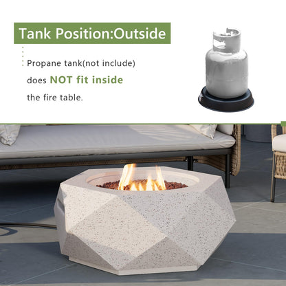 COSIEST Outdoor Propane Fire Pit Table w Terrazzo White Faux Stone 24-inch Hexagon Base, 40,000 BTU Stainless Steel Burner, Free Lava Rocks and Rain Cover