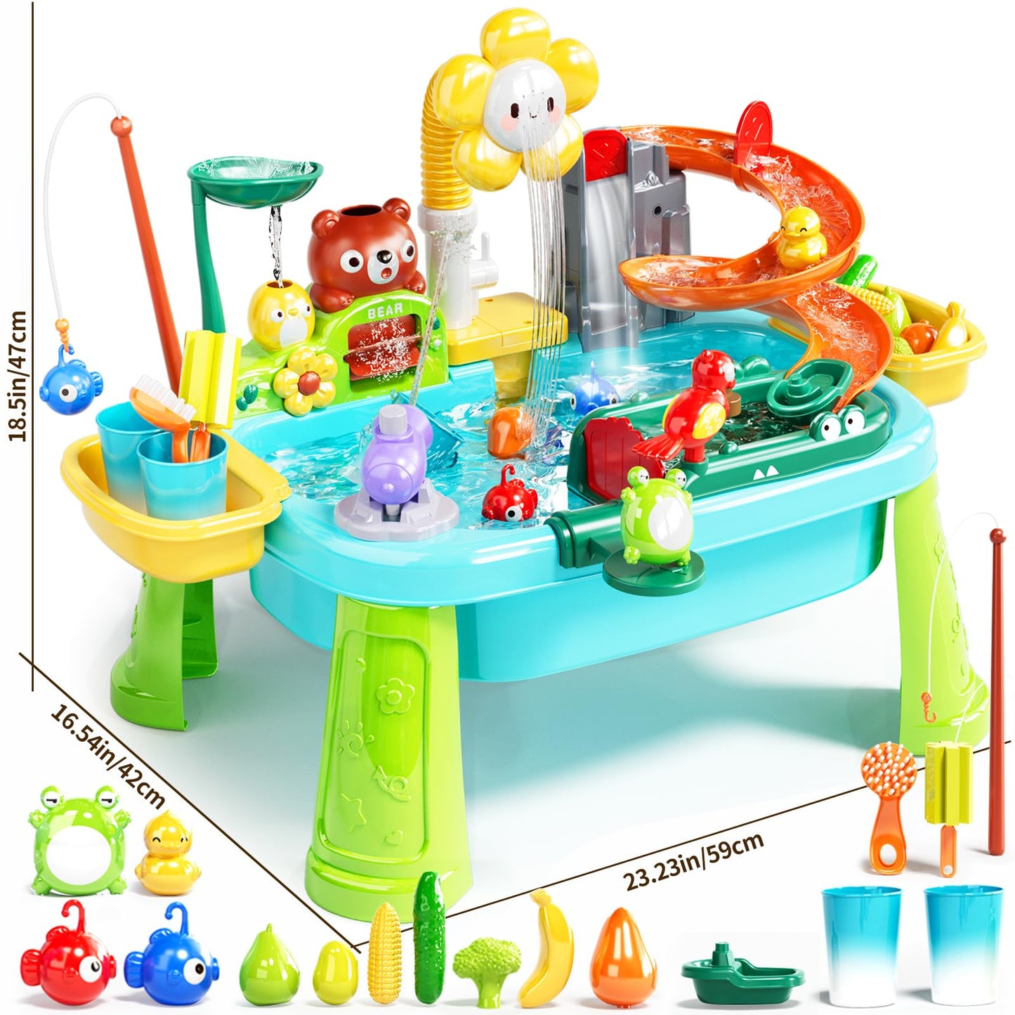 Pupu Pig Water Table Play Sink Toys for Toddlers, Kids Play Kitchen Sink with Running Water, 360° Electric Faucet, Floating Fishing Game, Sensory Water Table Toys for Boys Girls Summer Gifts