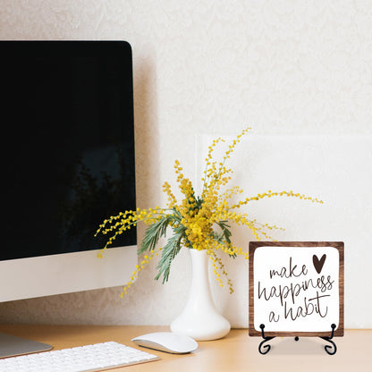 6" Inspirational Wood Decor Make Happiness A Habit Wooden Plaque Signs With 1 Metal Support Rustic Motivational Desk Décor For Home Office Bedroom Table Décor And Accessories - B02
